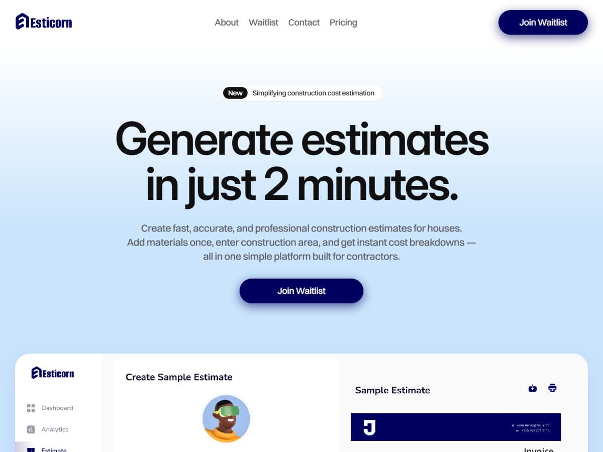 Screenshot of the Elisticon estimating platform website and estimate creation interface
