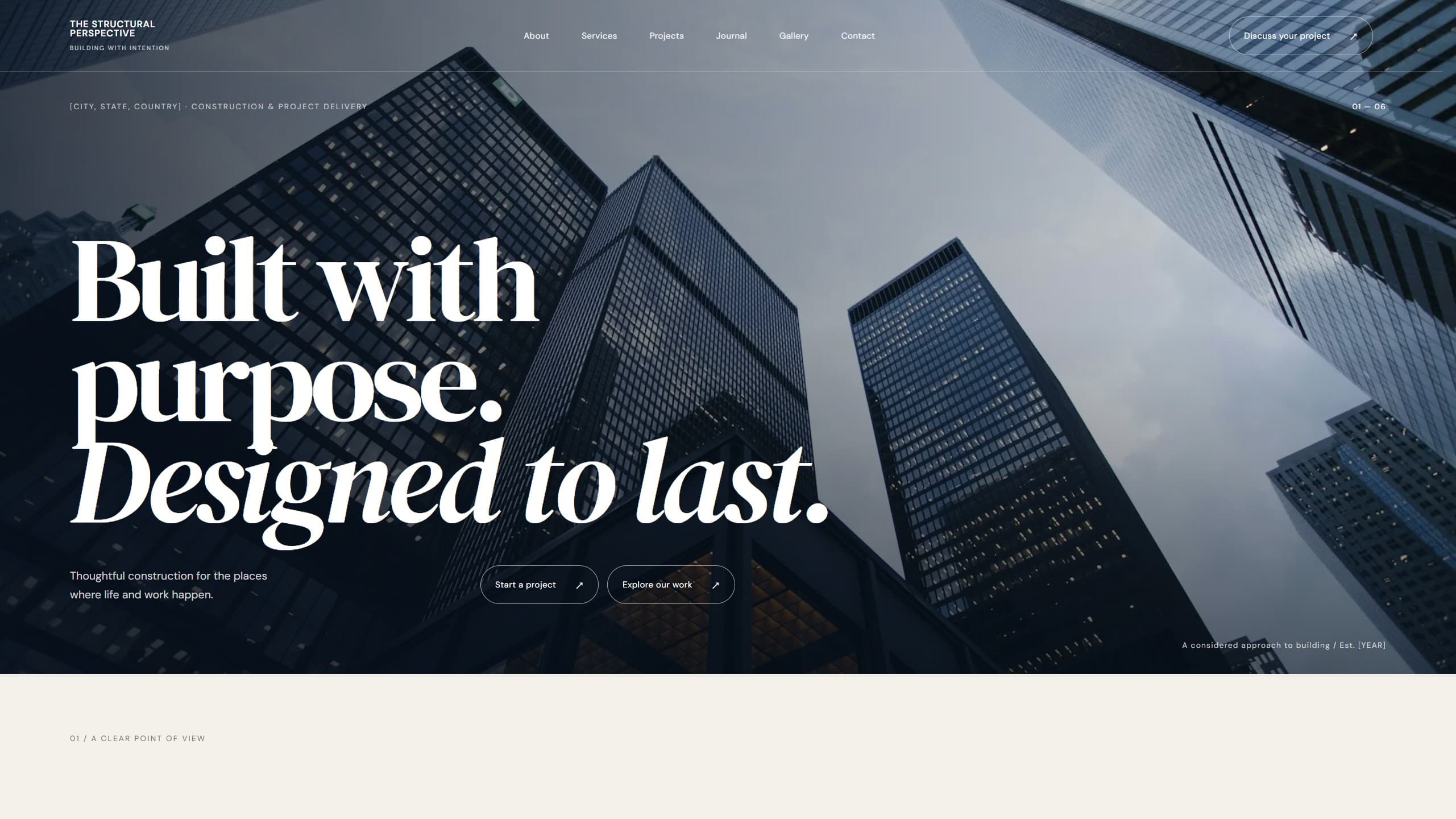 Screenshot of the construction website, with a dramatic architectural hero and editorial project layouts
